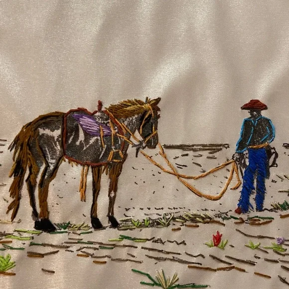 NEW hand embroidered cowboy & horse on canvas, 15.5 inches by 11.5 inches - Picture 2 of 5